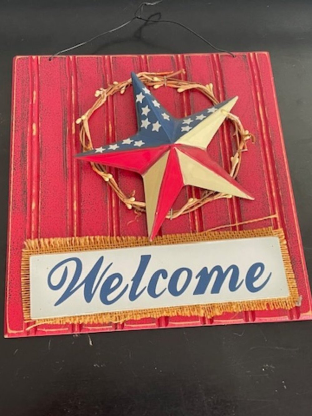 American Welcome wooden sign. Red, White, and Blue